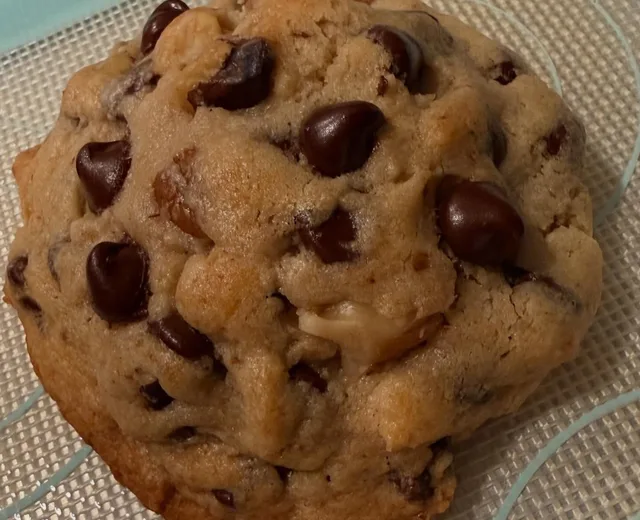 Thick NYC-style chocolate chip walnut cookie with glossy chocolate chips and flaky sea salt